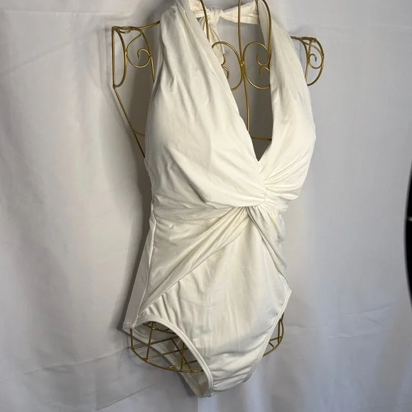 Michael Kors White Ruched V-Neck Halter One Piece Swimsuit - 6 - Picture 5 of 16